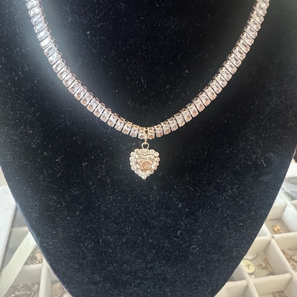 Upcycled Jewelry - Gold-Tone Heart Pendant Tennis Necklace - Women Jewelry